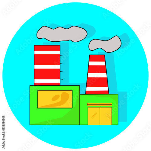 Modern factory illustration vector with a red and green color combination, featuring three chimneys. Suitable for industry, manufacturing, and sustainability themes.