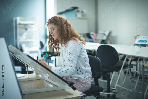 Female architecture student sketching on angled drafting table in design studio with green marker