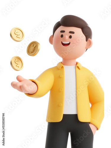 3D cartoon character wearing yellow jacket tossing gold coins with currency symbols including dollar and yen, isolated on white background, perfect for finance, investment, and global economy themes