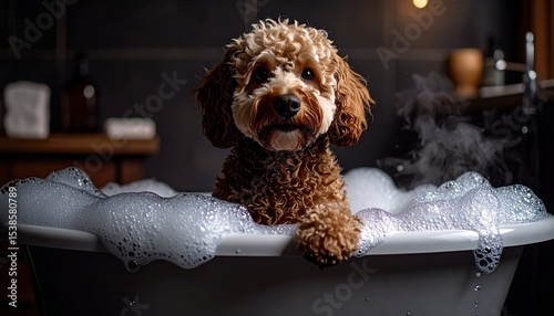 Dog that is sitting in a bathtub with soap