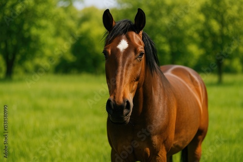 Chestnut steed featuring a white star marking on its forehead