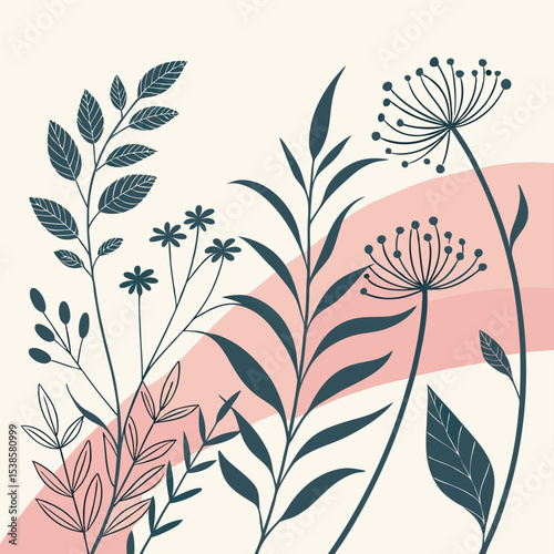Illustration of various floral elements with leaves and abstract shapes on a light background art piece