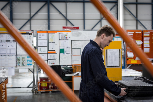 Male technician wearing blue coverall inspecting info boards at hangar with tool case, copy space