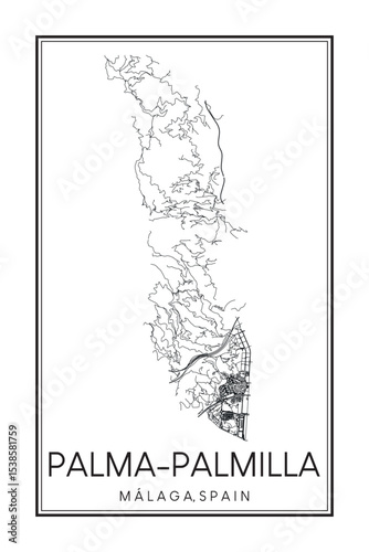 Hand drawn printable downtown road map poster of district PALMA-PALMILLA of the Spanish city of MÁLAGA on solid white background with city name