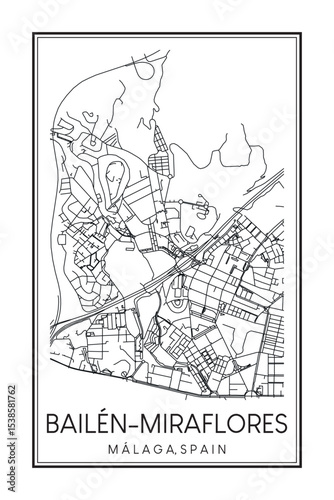 Hand drawn printable downtown road map poster of district BAILÉN-MIRAFLORES of the Spanish city of MÁLAGA on solid white background with city name