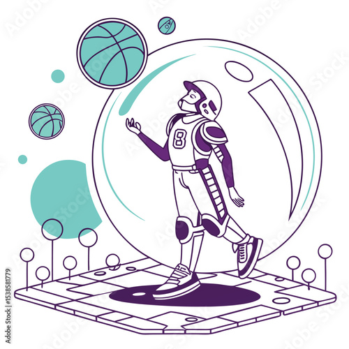 A futuristic basketball player in a bubble on a platform with basketballs floating around him in an illustration