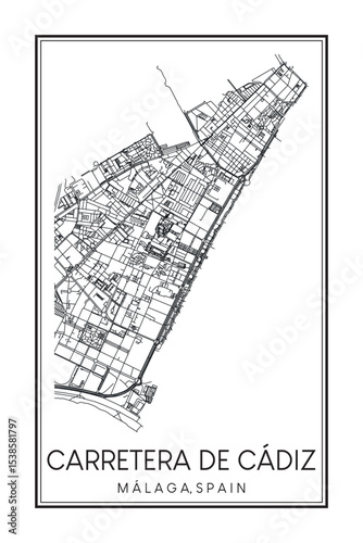 Hand drawn printable downtown road map poster of district CARRETERA DE CÁDIZ of the Spanish city of MÁLAGA on solid white background with city name