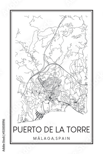 Hand drawn printable downtown road map poster of district PUERTO DE LA TORRE of the Spanish city of MÁLAGA on solid white background with city name