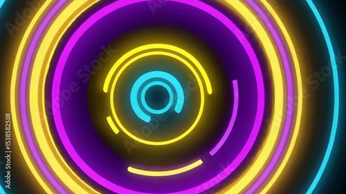 Colorful glowing spiral lines in blue, purple, and yellow rotate on dark background, creating vibrant and hypnotic abstract tunnel effect, perfect for festive or futuristic themes