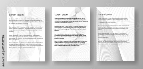 Three A4 letter mockup templates featuring lorem ipsum text. The documents are displayed on a light gray background. Concept of document layout design. Vector illustration