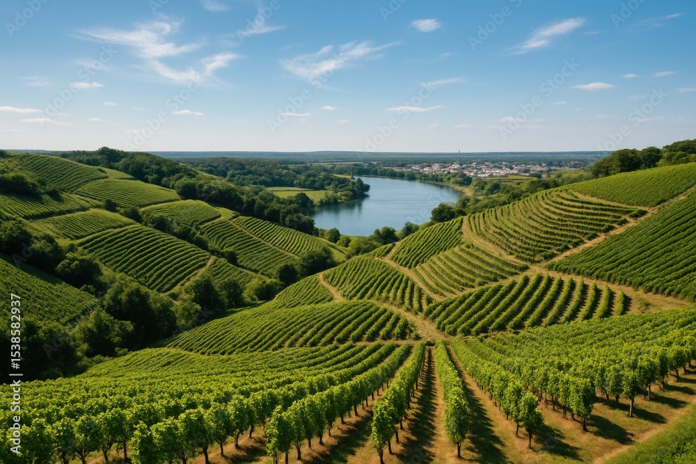Naklejka premium Bird's-eye perspective of rolling vineyards overlooking a river valley, renowned for its crisp white sauvignon blanc