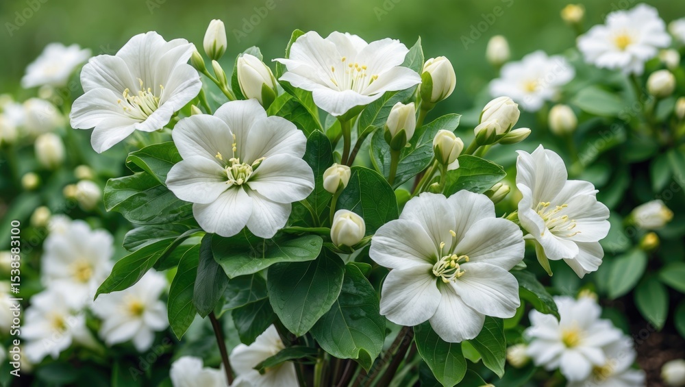 Fototapeta premium Elegant white blossoms with lush greenery, perfect for commercial floral displays and garden aesthetics, vintage style image