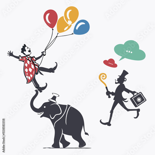 A whimsical circus scene featuring a clown on an elephant and a man with a top hat running away