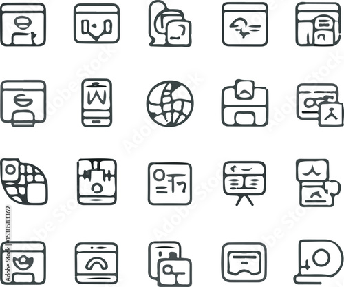 Collection of Twenty Five Black and White Hand Drawn Website and Mobile App Interface Icons Set on White Background