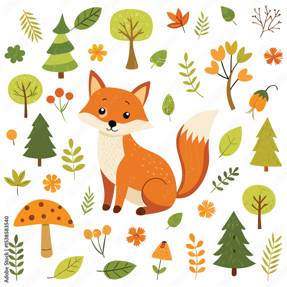 Obraz premium Fox and woodland animal pattern