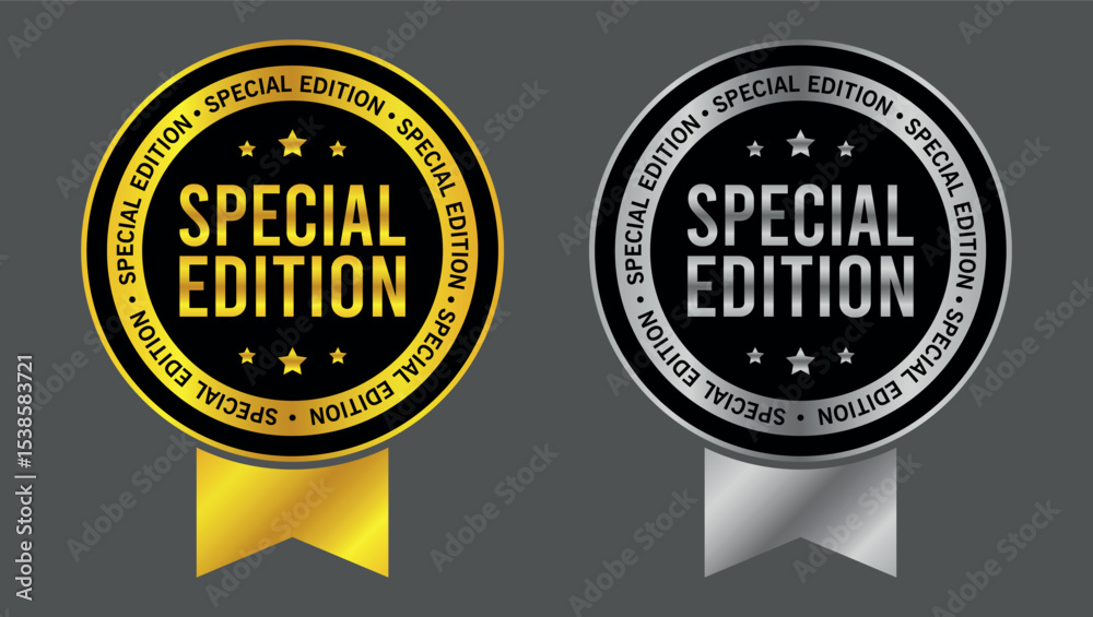 Fototapeta premium Special edition badge set with gold and silver ribbon labels on dark background representing exclusivity and quality 