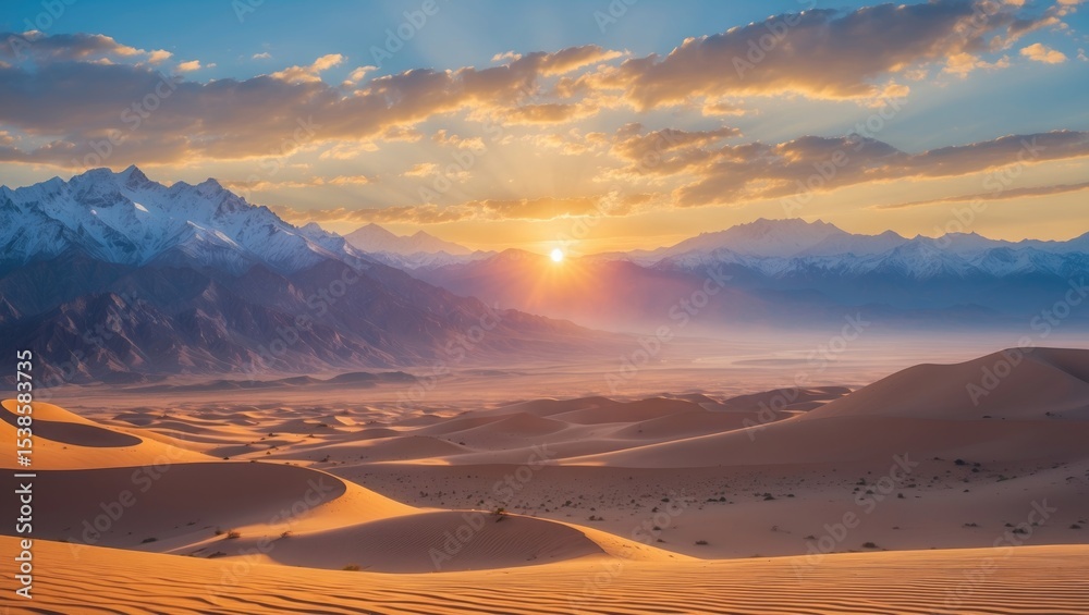 Naklejka premium Stunning dawn over a arid landscape with towering peaks