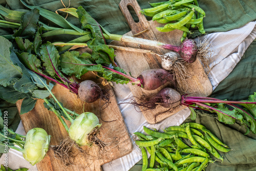 Wallpaper Mural Freshly Harvested Kohlrabi, Beetroot, Garlic and Snow Peas on Wooden Board Torontodigital.ca
