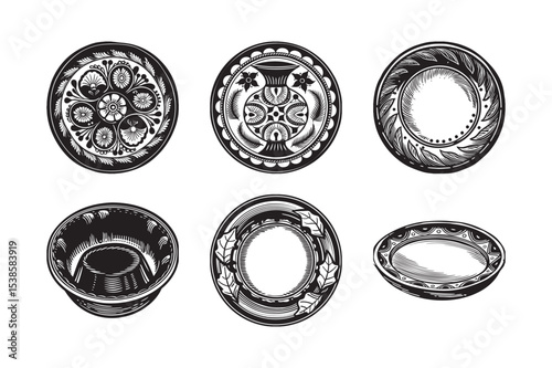silhouette of  clay plate bundle on the white background