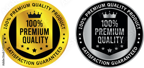 Two premium quality product seals in gold and silver with crown icon and satisfaction guaranteed message	