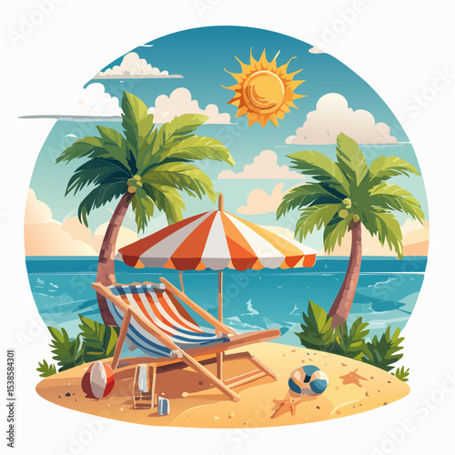 Tropical summer paradise with sun, palm trees, and a sandy beach