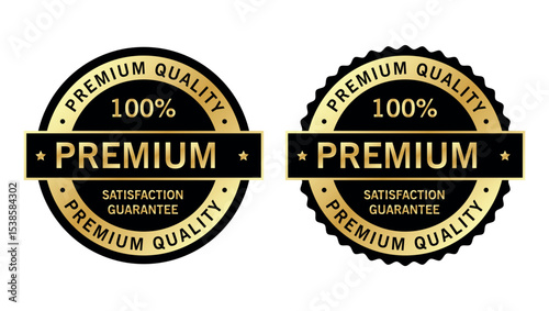 Premium quality badges with 100% satisfaction guarantee in black and gold, representing trusted certification	