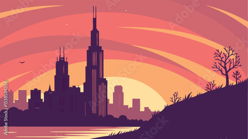 Illustration of chicago skyline at sunset with trees and a bird flying in the sky on a peaceful evening