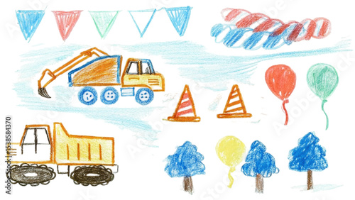 Construction Vehicles and Traffic Cones Drawing Style Kids Illustration Transparent Background
