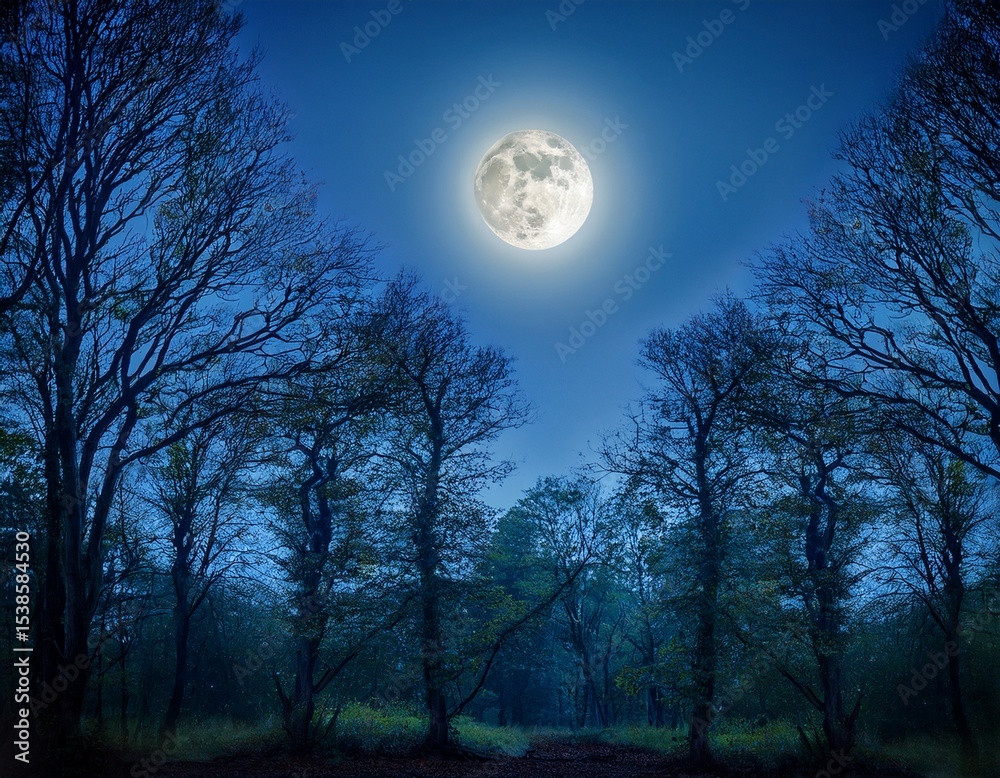Fototapeta premium a serene forest clearing bathed in moonlight with the full moon shining brightly through the tree branches