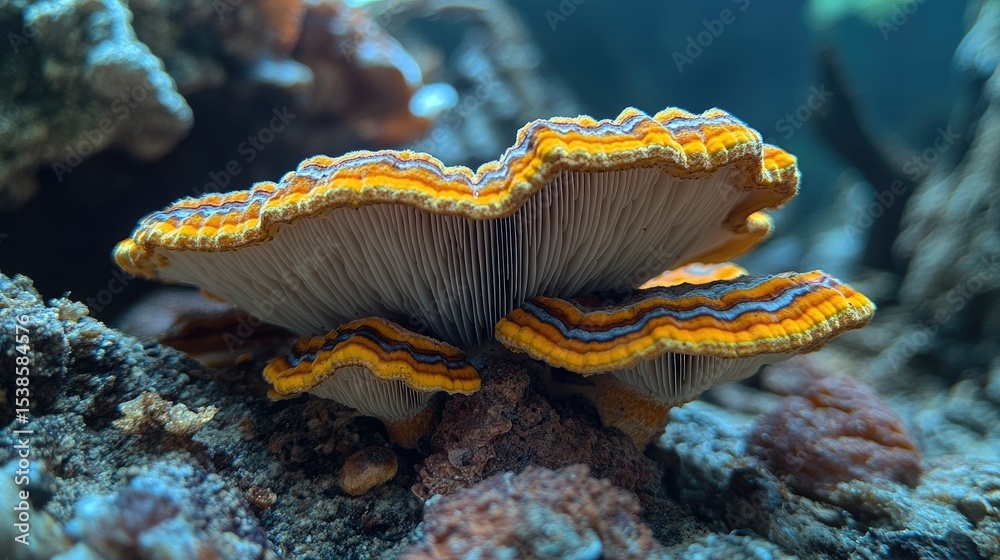 Fototapeta premium Close-up of vibrant orange and white fungus on forest floor