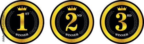 First, second, and third place winner badges in black and gold circles with crown and number design	