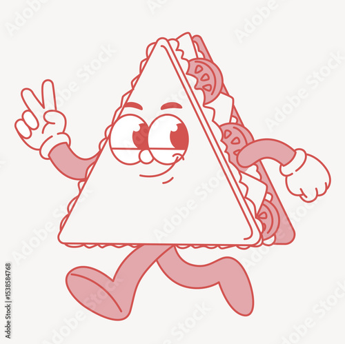 sandwich mascot character. walking character with vegetables and meat between slices of bread. retro style cartoon