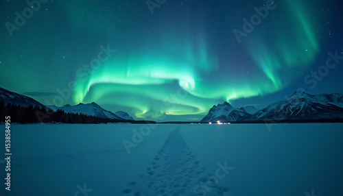 Stunning Aurora Borealis Display Over Snowy Landscape and Mountain Peaks at Night