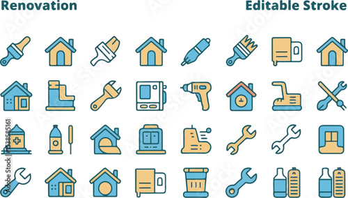Collection of House Renovation Icons Blue Yellow Color Palette Editable Stroke Home Repair Tools Paintbrushes