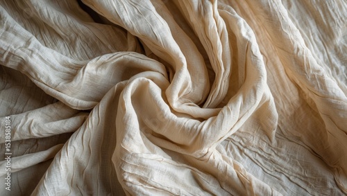 Textured beige muslin fabric with natural wrinkles