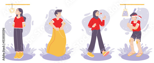 set traditional competition eating crackers, hitting water, carrying marbles, sack jumping. flat character Indonesian independence
