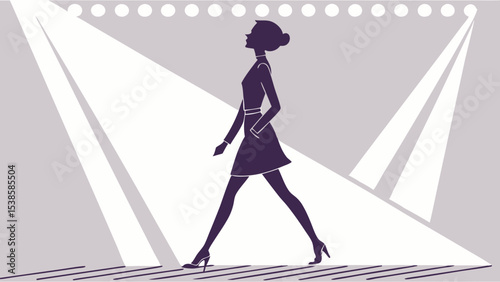 Silhouette of a woman walking on a runway under spotlights in a fashion show design stage setting