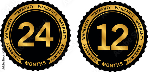 12 and 24 months warranty labels in black and gold circular design for product assurance or guarantee	