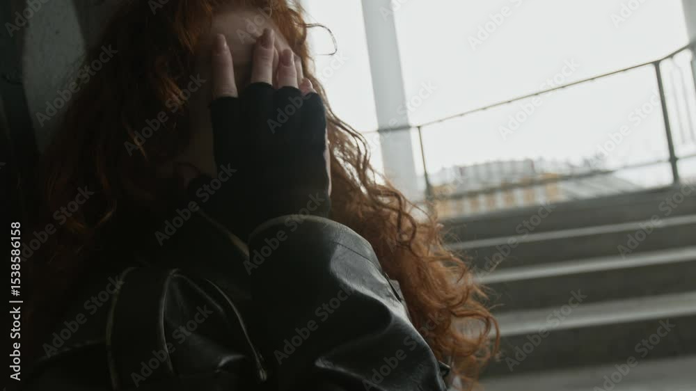 Crying red-haired woman in black jacket hiding her face in distress within dimly lit, somber indoor stairwell