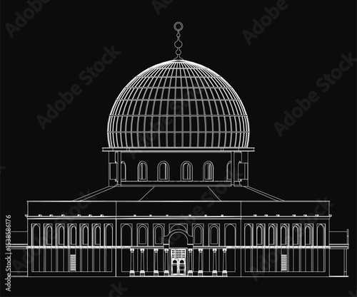 Detailed architectural blueprint of a grand building featuring a prominent dome, showcasing precise technical drawings with labeled dimensions. The dark background enhances the intricate lines and.