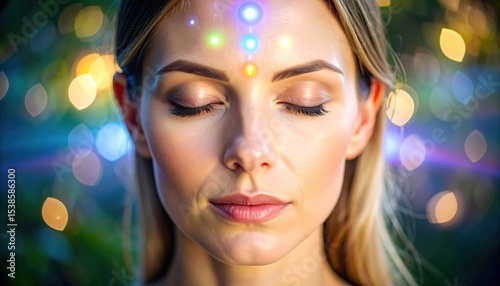 Woman with her eyes closed with a rainbow colored chakrai