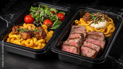 Wallpaper Mural Two black plastic containers holding prepared meals.  One contains mac and cheese with seasoned bites, a side salad, and cherry tomatoes. The other holds sliced steak and pasta with a creamy sauce Torontodigital.ca