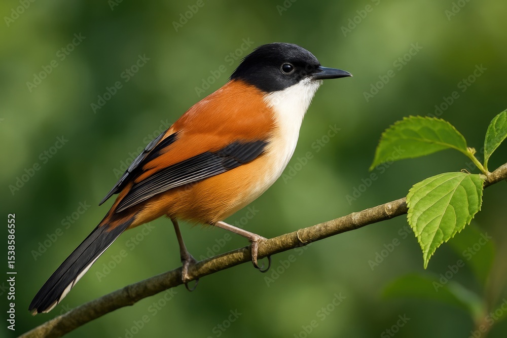 Fototapeta premium Adult Rufous-backed Sibia perched on a branch in a lush montane rainforest during daylight, captured from a high angle side perspective.