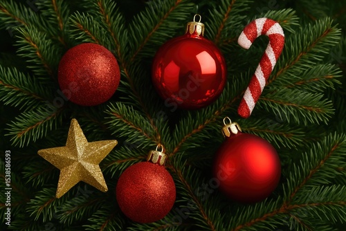 Festive ornaments adorning a holiday evergreen
