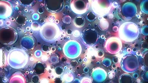Abstract background features shimmering iridescent spheres or bubbles of various sizes reflecting light and color against a dark backdrop, creating a dynamic visual texture.