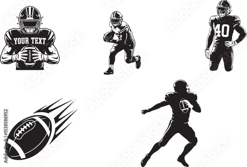 Quarterback Throwing Football Silhouette

American Football Player in Action Vector

Helmet and Ball Silhouette Design

Touchdown Celebration Silhouette Art

Classic Football Game Moment Vector