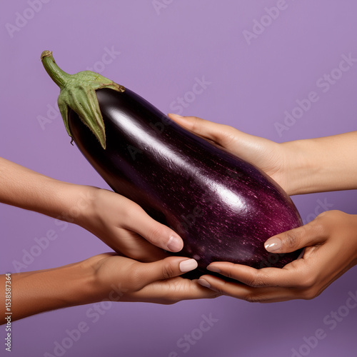 group of female hands holding eggplant representing penis, masculinity, on purple background