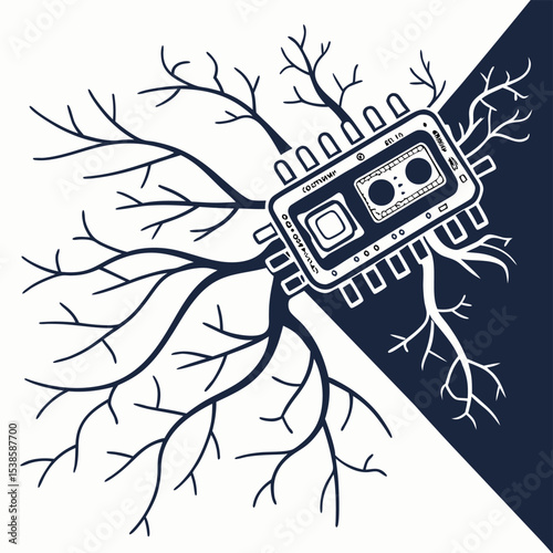 Illustration of a cassette tape connected to branches on a split background of white and blue