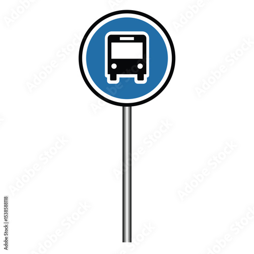 A clear blue and white bus stop sign on a pole, indicating a designated area for public transportation and passenger pickup