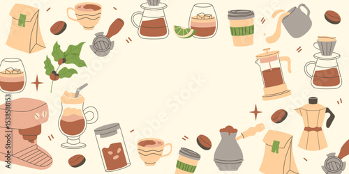 Coffee horizontal banner, template on a light background